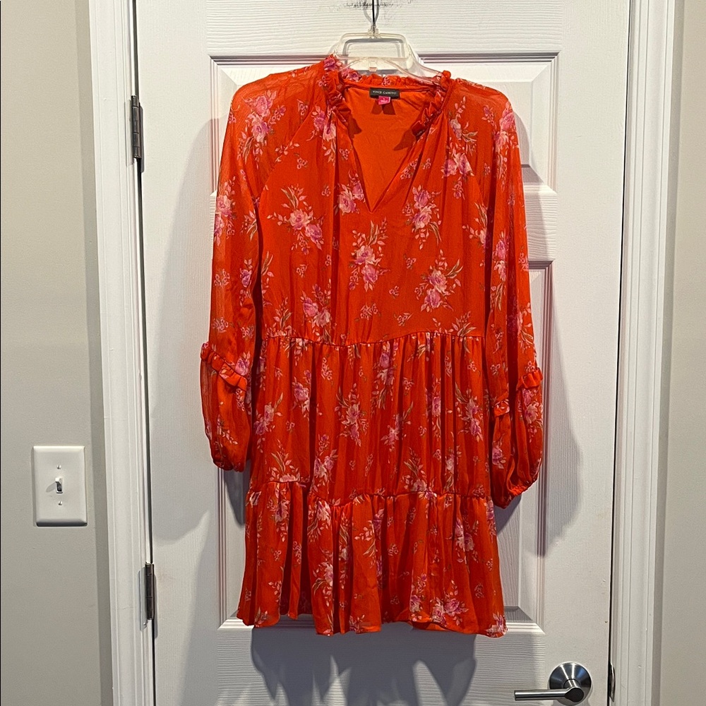 Vince Camuto Orange Floral Boho Flowy Feminine Party Wedding Ballon Sleeve Dress